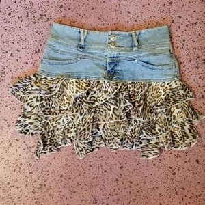 Y2K Denim and Ruffled Animal Print Mini Skirt